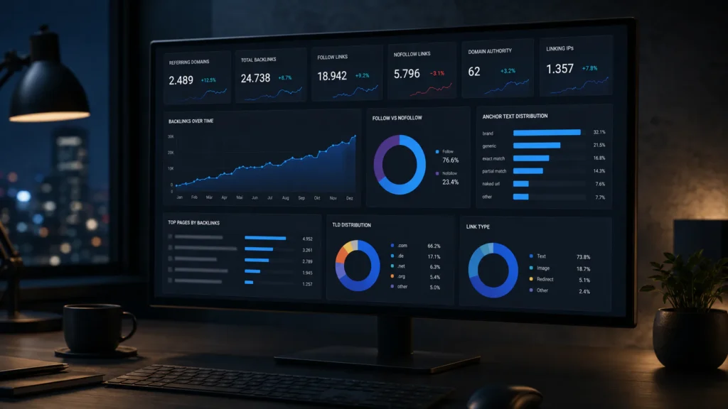 Backlink-Analyse mit wichtigen SEO-Kennzahlen SEO-Dashboard zur Analyse von Backlinks, Referring Domains, Ankertexten und Linkwachstum