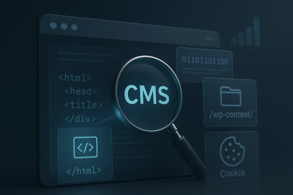 Technischer Erkennungsprozess eines CMS als Hologramm-Workflow: Eingabe einer URL, Analyse von Meta-Generator, Verzeichnisstruktur und Headern, Abgleich mit Datenbank, Ergebnis-Ausgabe