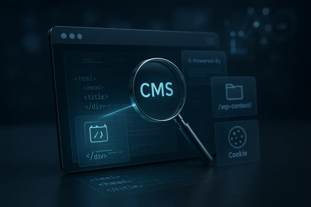 Futuristische Website-Analyse in einem Browserfenster: Lupen-Icon scannt Quellcode, HTTP-Header und Cookie-Layer als holografische Overlays – symbolisch für einen CMS Checker