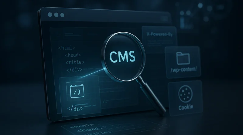 Futuristische Website-Analyse in einem Browserfenster: Lupen-Icon scannt Quellcode, HTTP-Header und Cookie-Layer als holografische Overlays – symbolisch für einen CMS Checker
