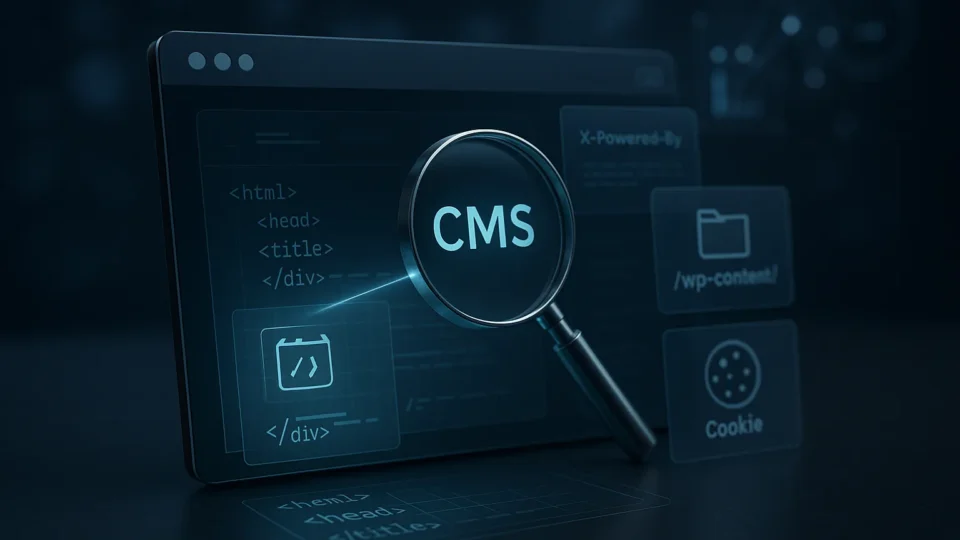 Futuristische Website-Analyse in einem Browserfenster: Lupen-Icon scannt Quellcode, HTTP-Header und Cookie-Layer als holografische Overlays – symbolisch für einen CMS Checker