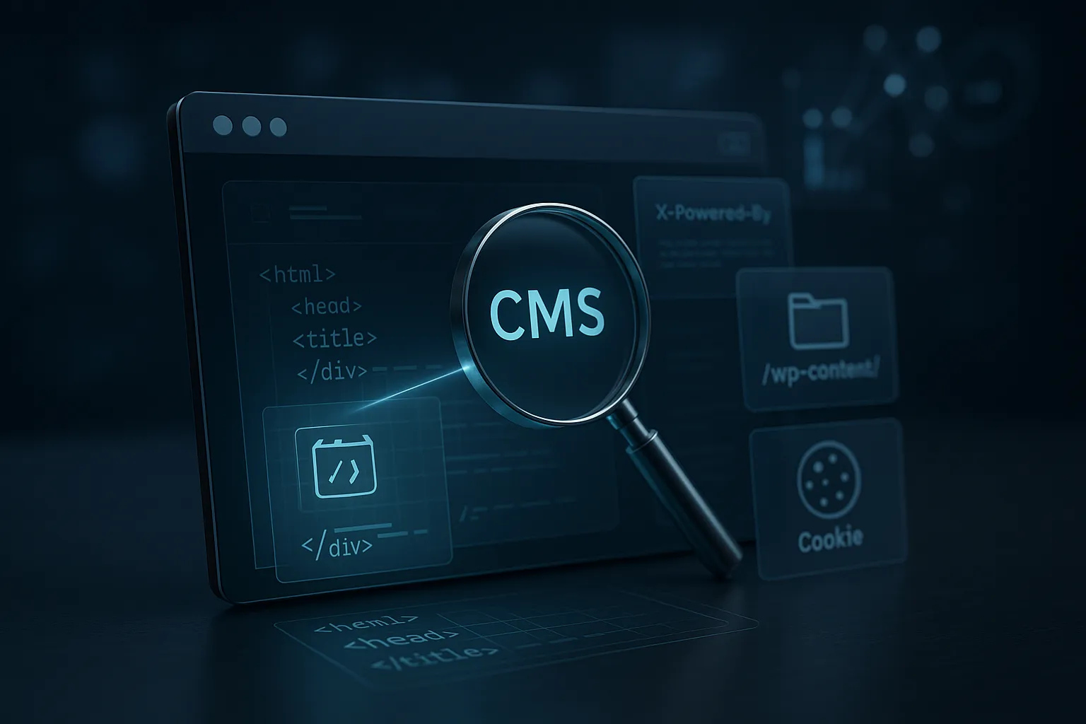 Futuristische Website-Analyse in einem Browserfenster: Lupen-Icon scannt Quellcode, HTTP-Header und Cookie-Layer als holografische Overlays – symbolisch für einen CMS Checker