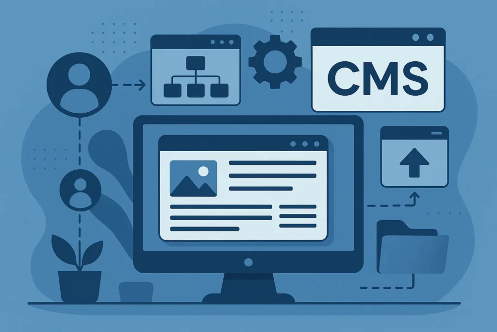 Modernes Querformatbild in Blautönen, das die technische Struktur und Funktionsweise eines Content-Management-Systems mit Symbolen für Inhalte, Benutzer und Medienverwaltung darstellt – stilisiert und professionell.