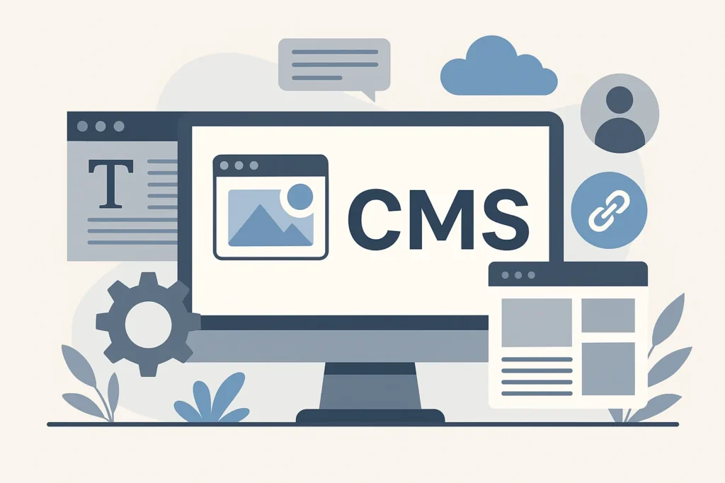 Abstraktes Querformatbild eines modernen Arbeitsplatzes mit Monitor und grafischen Symbolen, das die Funktionsweise und Struktur von Content-Management-Systemen symbolisiert – professionell, technologisch, in Blautönen gehalten.