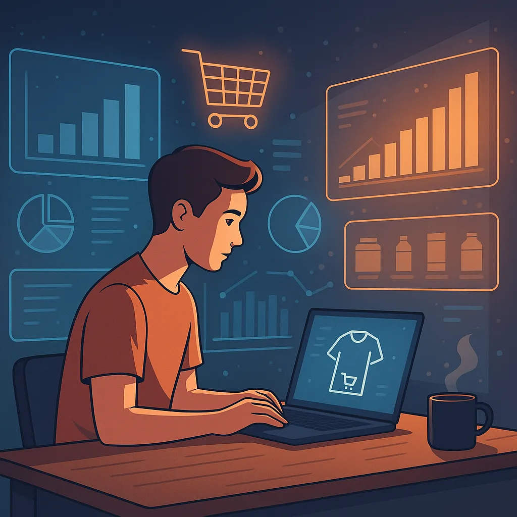 Auszubildender arbeitet an Laptop, umgeben von holografischen Diagrammen und Produktabbildungen in Blau-Orange-Tönen – Sinnbild für praxisorientierte E-Commerce Ausbildung