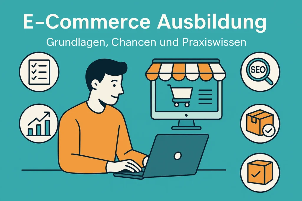 Futuristische Lernumgebung mit holografischen E-Commerce-Symbolen: junge Person arbeitet an Laptop mit schwebenden Symbolen für Shop, Datenanalyse und digitales Marketing