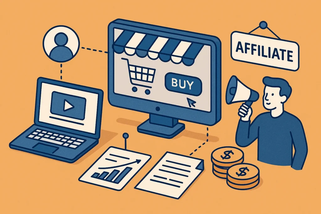 Futuristisches Titelbild mit digitaler Darstellung von Online-Marketing, Vernetzung und E-Commerce-Prozessen – Symbol für modernes Affiliate Marketing und digitales Wachstum.
