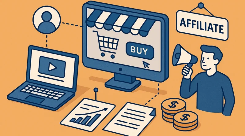 Futuristisches Titelbild mit digitaler Darstellung von Online-Marketing, Vernetzung und E-Commerce-Prozessen – Symbol für modernes Affiliate Marketing und digitales Wachstum.