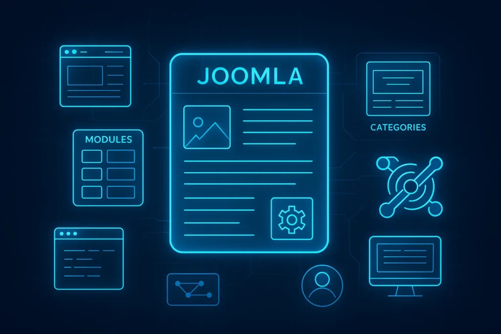 Futuristische holografische Visualisierung eines Joomla-Backends mit Modulen, Kategorien und CMS-Elementen in blauen Lichttönen – Sinnbild für modernes Content-Management