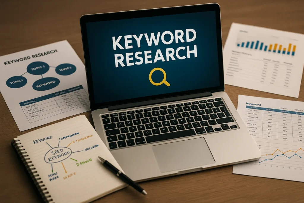 Photorealistisches Bild eines modernen Arbeitsplatzes mit Laptop und Datenblättern zur Keyword-Analyse. Lichtakzente in Blau und Gold symbolisieren datengetriebene SEO-Recherche und strukturierte Keyword-Strategie.