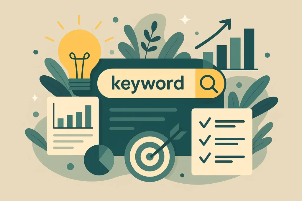 Futuristisches, photorealistisches Titelbild mit Laptop und mehreren Monitoren, die abstrakte SEO-Daten und Diagramme zeigen. Blaue und goldene Lichtakzente symbolisieren Analyse, Datenfluss und Keyword-Strategie.