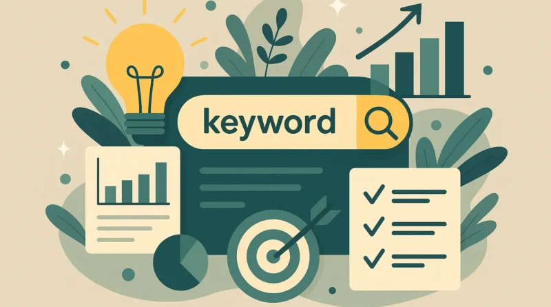 Futuristisches, photorealistisches Titelbild mit Laptop und mehreren Monitoren, die abstrakte SEO-Daten und Diagramme zeigen. Blaue und goldene Lichtakzente symbolisieren Analyse, Datenfluss und Keyword-Strategie.