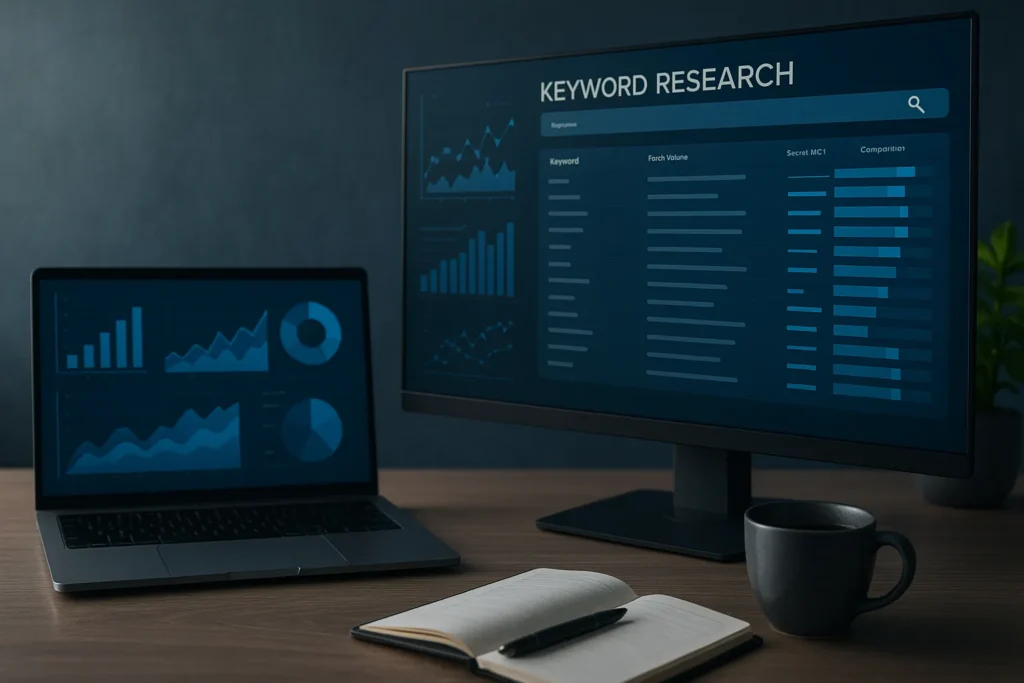 Photorealistisches Querformatbild eines modernen Arbeitsplatzes mit Laptop, Monitor, Notizbuch und Kaffee. Auf den Bildschirmen sind abstrakte SEO-Diagramme und Analysen sichtbar – Symbol für professionelle Nutzung kostenloser SEO Tools.