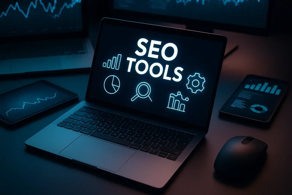 Photorealistisches Titelbild eines modernen Arbeitsplatzes mit Laptop, Monitoren und blauen Datenvisualisierungen – Symbol für datengetriebene SEO-Analysen mit kostenlosen Tools.