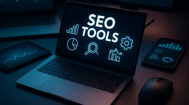 Photorealistisches Titelbild eines modernen Arbeitsplatzes mit Laptop, Monitoren und blauen Datenvisualisierungen – Symbol für datengetriebene SEO-Analysen mit kostenlosen Tools.