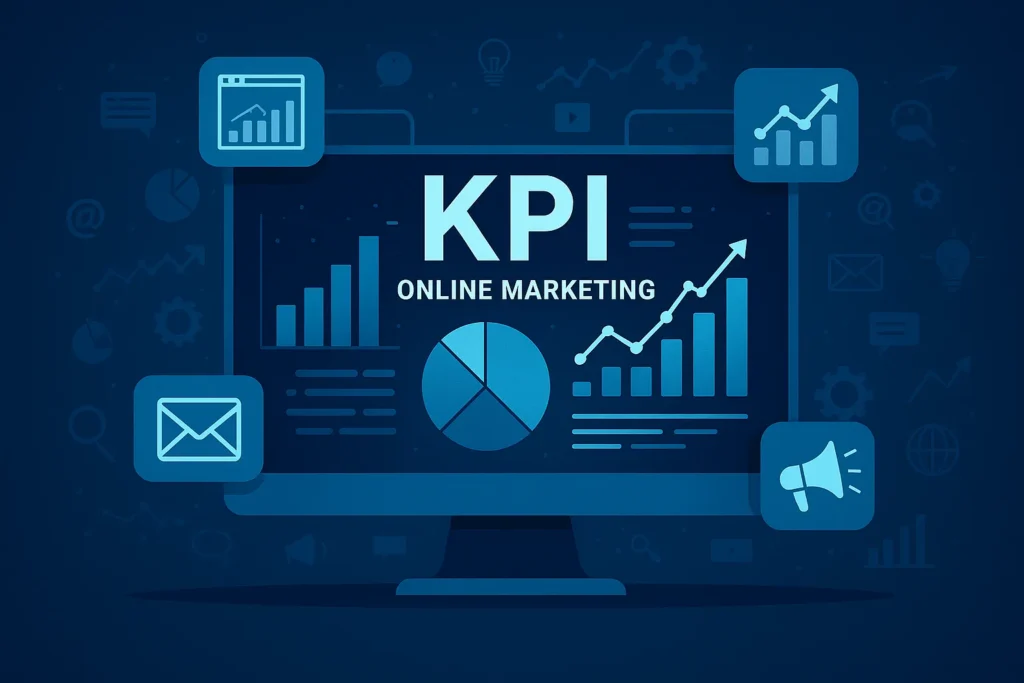 Photorealistisches Querformatbild eines modernen Büros mit Laptop und Monitoren, auf denen abstrakte KPI-Diagramme und Datenvisualisierungen erscheinen – Sinnbild für datengetriebenes Online-Marketing und Performance-Analyse.