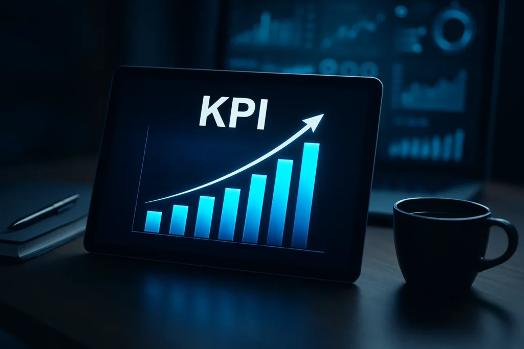 Photorealistisches Querformatbild eines modernen Arbeitsplatzes mit Laptop und Monitoren in blauer Beleuchtung – Symbol für datenbasierte Analyse und KPI-Monitoring im Online-Marketing.