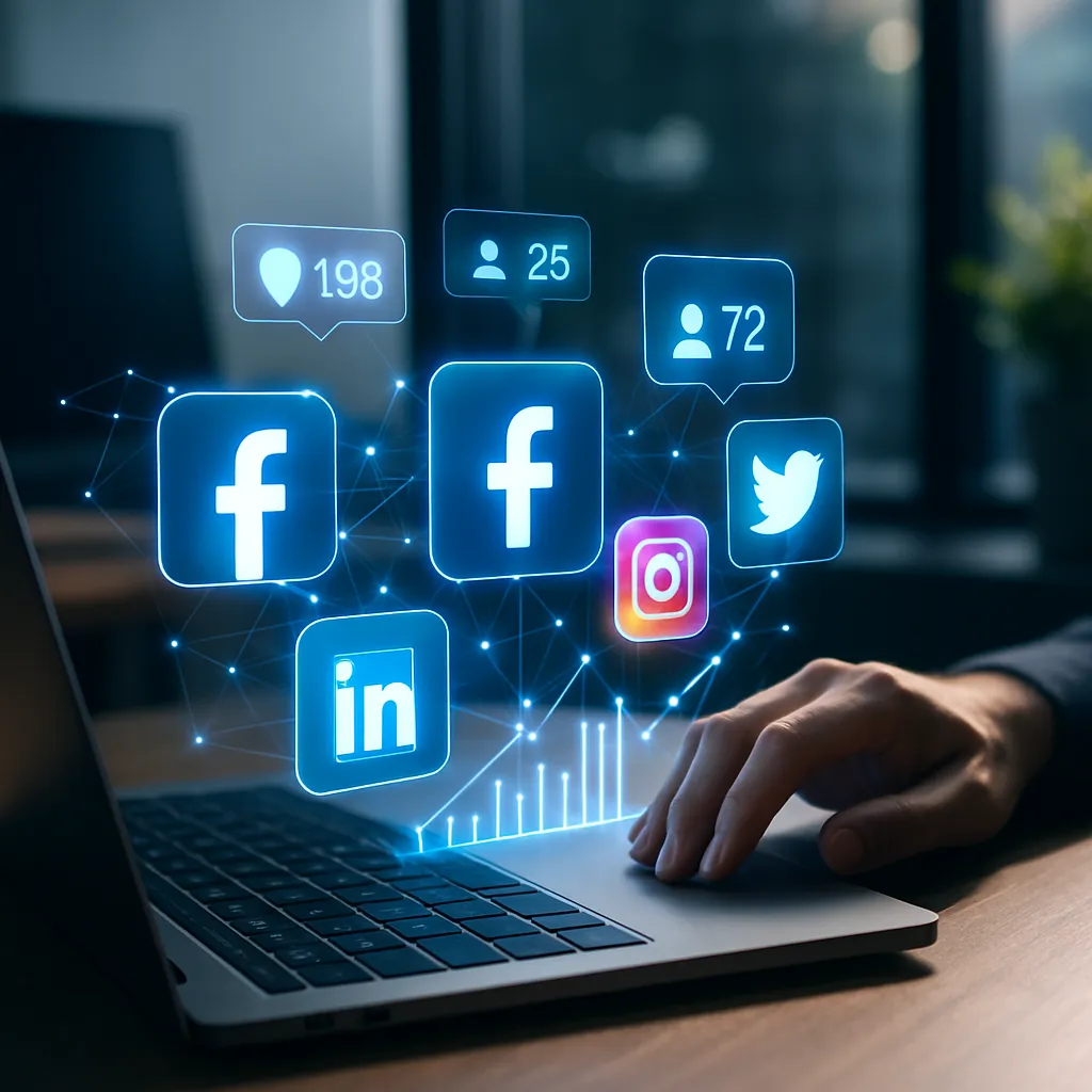 Moderne Arbeitsumgebung mit Laptop und holografischen Social-Media-Symbolen für Facebook, Instagram, LinkedIn und Twitter – Sinnbild für datengetriebenes Social Media Marketing im E-Commerce