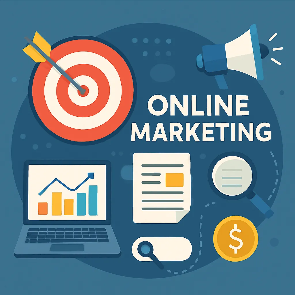Minimalistisches, modernes Online-Marketing-Motiv mit Laptop, Zielscheibe und digitalen Symbolen für Datenanalyse und Strategie – schlicht und elegant gestaltet