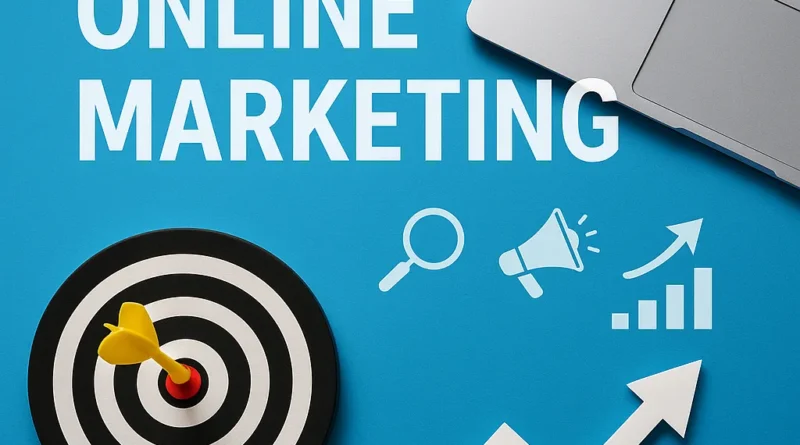 Modernes Online-Marketing-Konzept mit Zielscheibe, Pfeil und Laptop – Symbol für digitale Strategien und datengetriebenen Geschäftserfolg