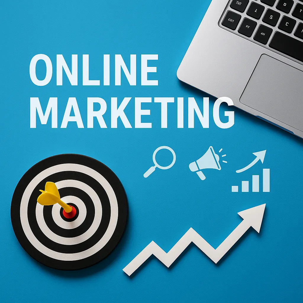 Modernes Online-Marketing-Konzept mit Zielscheibe, Pfeil und Laptop – Symbol für digitale Strategien und datengetriebenen Geschäftserfolg