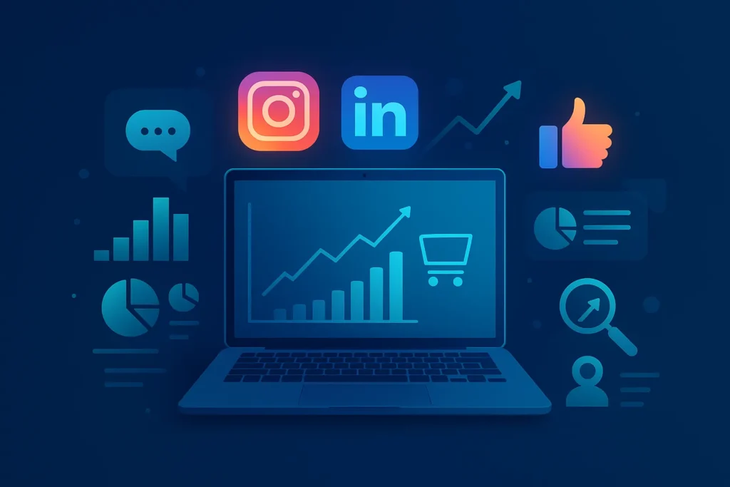 Futuristische Darstellung von Social Media Marketing im E-Commerce mit Laptop, Wachstumsdiagrammen und leuchtenden Symbolen für soziale Netzwerke in Blau-Gold-Optik