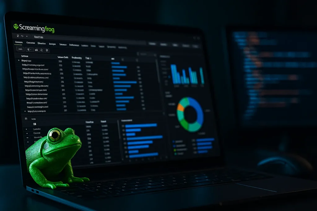 Photorealistisches Bild eines Laptops mit SEO-Dashboard und grüner Froschfigur, Symbol für den Screaming-Frog-Crawler und technische Website-Analysen im digitalen Umfeld.