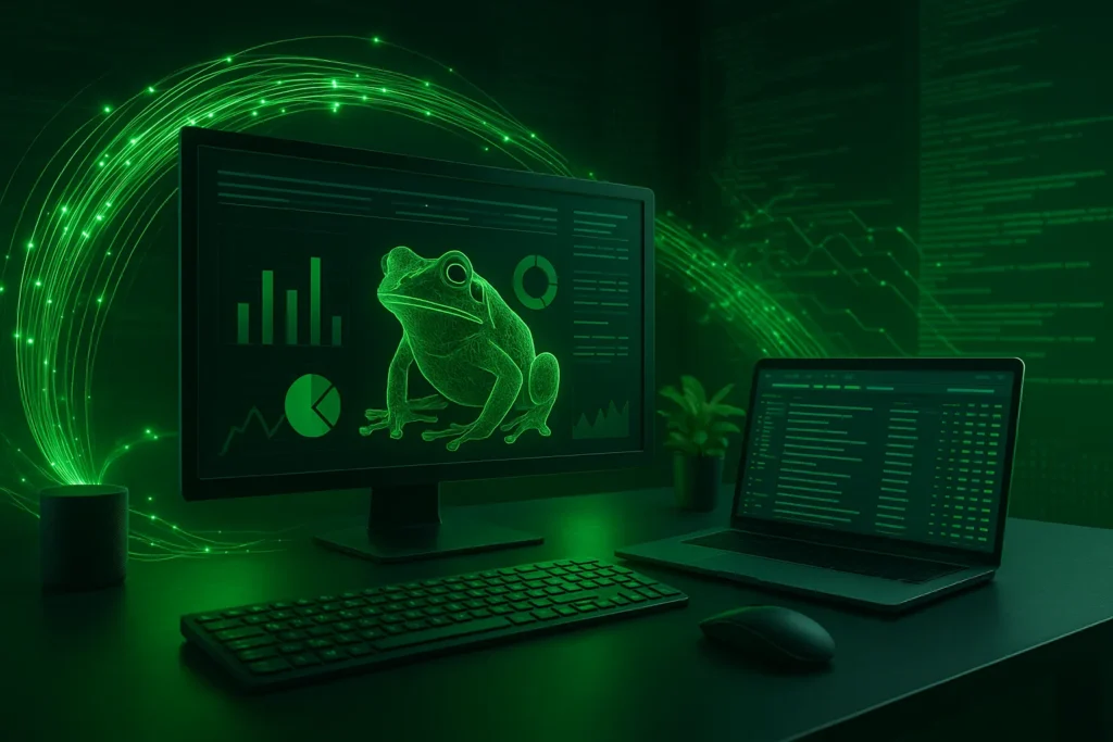 Futuristisches, photorealistisches Titelbild eines modernen Arbeitsplatzes mit Monitoren in grüner Beleuchtung, die SEO-Daten und Netzwerkstrukturen zeigen – Symbol für technische Website-Analysen mit Screaming Frog.