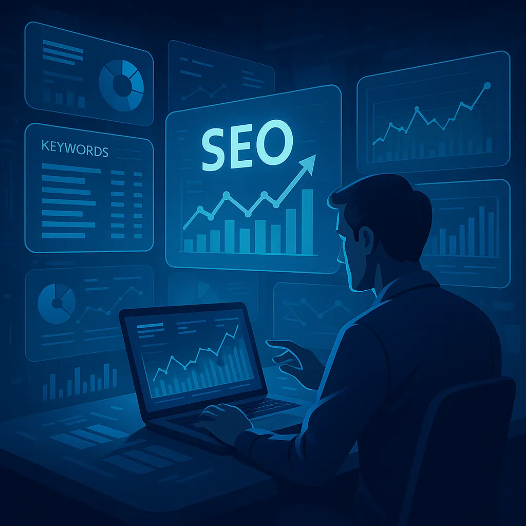 Futuristische Szene mit SEO-Analyst an Laptop vor holografischen Diagrammen und Ranking-Daten – Sinnbild für datenbasierte SEO-Optimierung in moderner Softwareumgebung