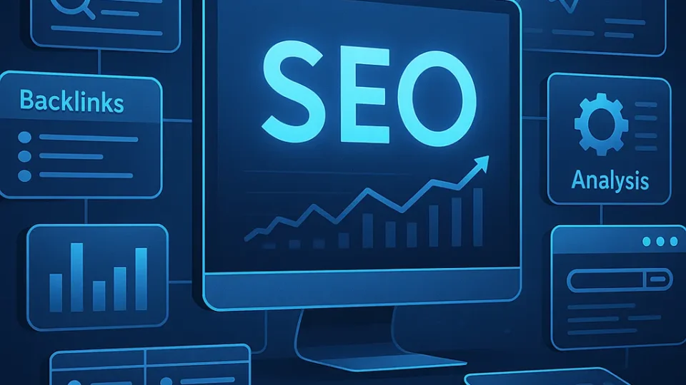 Futuristische Darstellung eines SEO-Dashboards mit holografischen Diagrammen, Keyword-Analysen und Ranking-Grafiken – Symbol für datengetriebene Suchmaschinenoptimierung