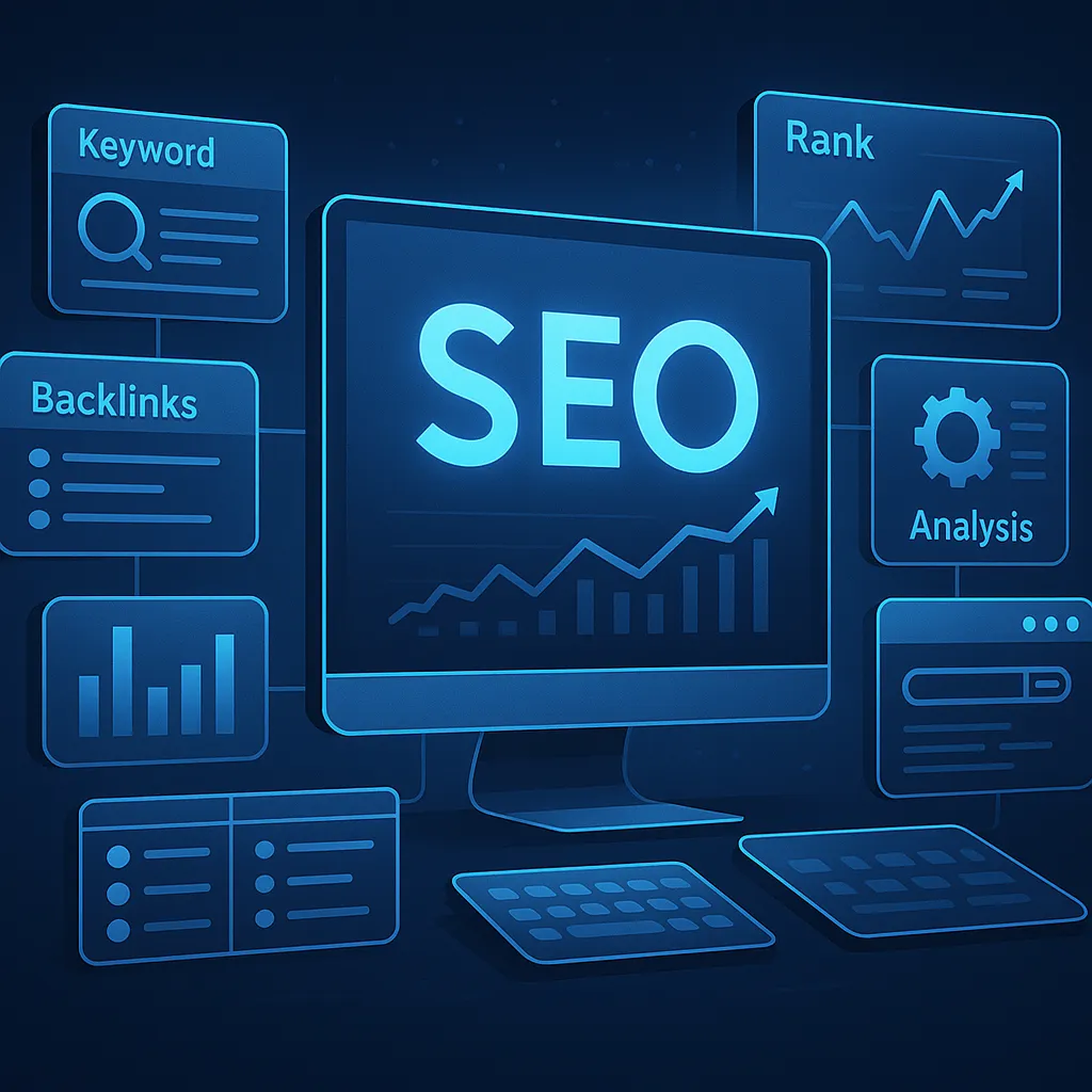 Futuristische Darstellung eines SEO-Dashboards mit holografischen Diagrammen, Keyword-Analysen und Ranking-Grafiken – Symbol für datengetriebene Suchmaschinenoptimierung
