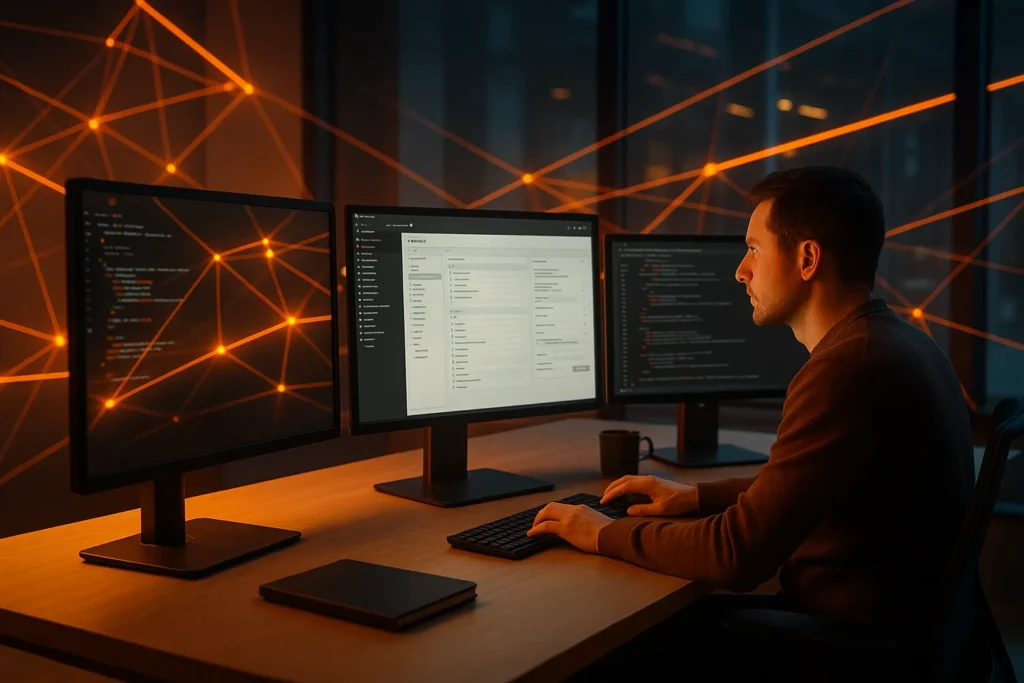 Photorealistisches Bild eines Entwicklers, der an drei Monitoren in einem modernen Büro arbeitet. Orange leuchtende Datenverbindungen im Hintergrund symbolisieren digitales Netzwerk und effizientes Arbeiten mit TYPO3.