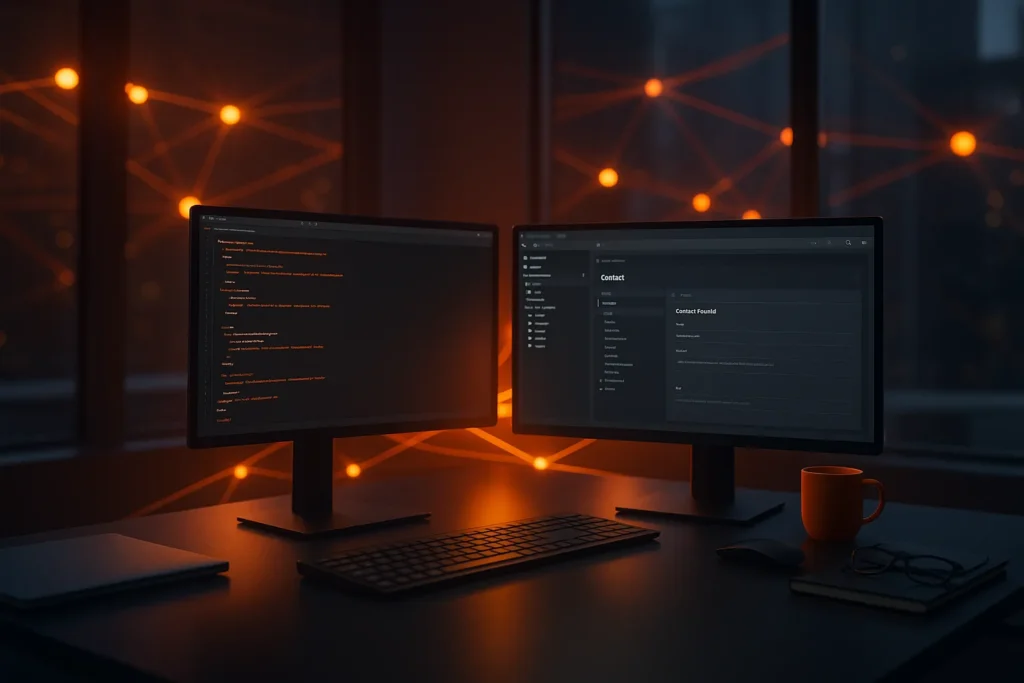 Photorealistisches Titelbild eines modernen Agenturarbeitsplatzes mit zwei Monitoren, auf denen TYPO3 sichtbar ist, umgeben von leuchtenden orangefarbenen Datenlinien – Symbol für professionelles und effizientes Content-Management.