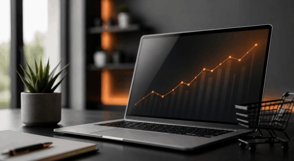 Laptop auf dunklem Schreibtisch mit Diagramm auf dem Bildschirm, kleine Pflanze, Notizblock und Einkaufswagen im Hintergrund.