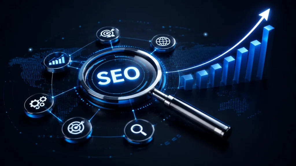 Digitale Lupe über einer SEO-Darstellung mit Wachstumsdiagramm, Analyse-Symbolen und vernetzten Datenpunkten auf dunklem Hintergrund.