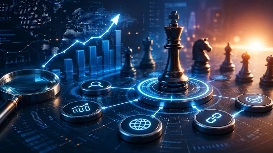 Schachkönig auf einer digitalen Plattform mit SEO-Symbolen, Suchlupe, Diagrammen und globalen Vernetzungen als Darstellung einer modernen SEO-Strategie.