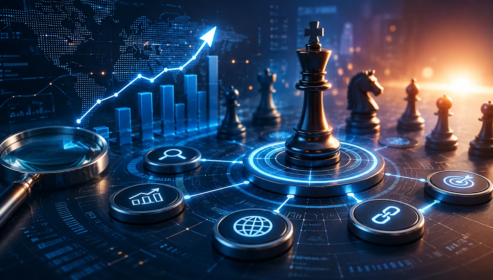 Schachkönig auf einer digitalen Plattform mit SEO-Symbolen, Suchlupe, Diagrammen und globalen Vernetzungen als Darstellung einer modernen SEO-Strategie.