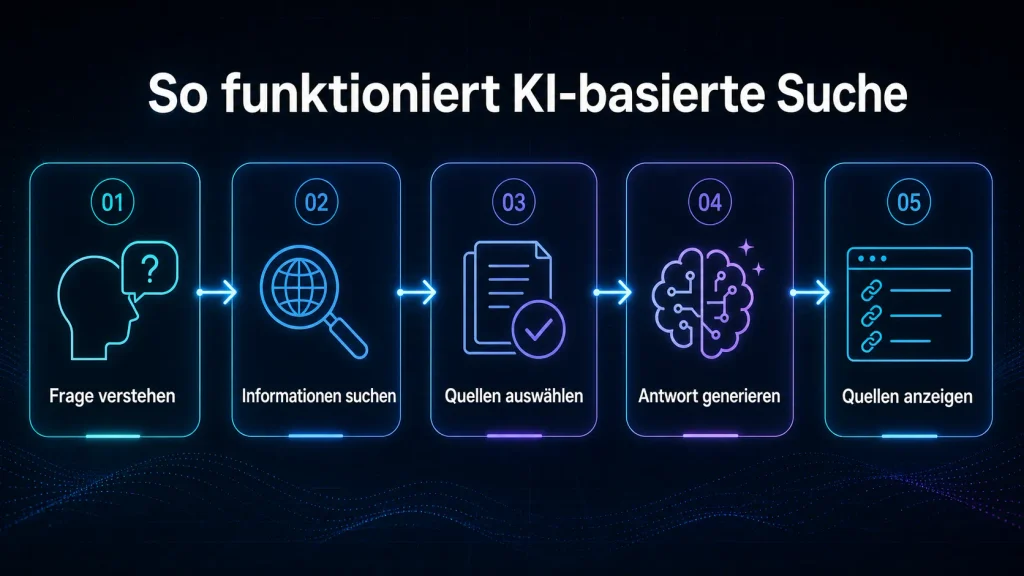 Fünf Schritte einer KI-basierten Suche von der Nutzerfrage bis zur Anzeige der Quellen