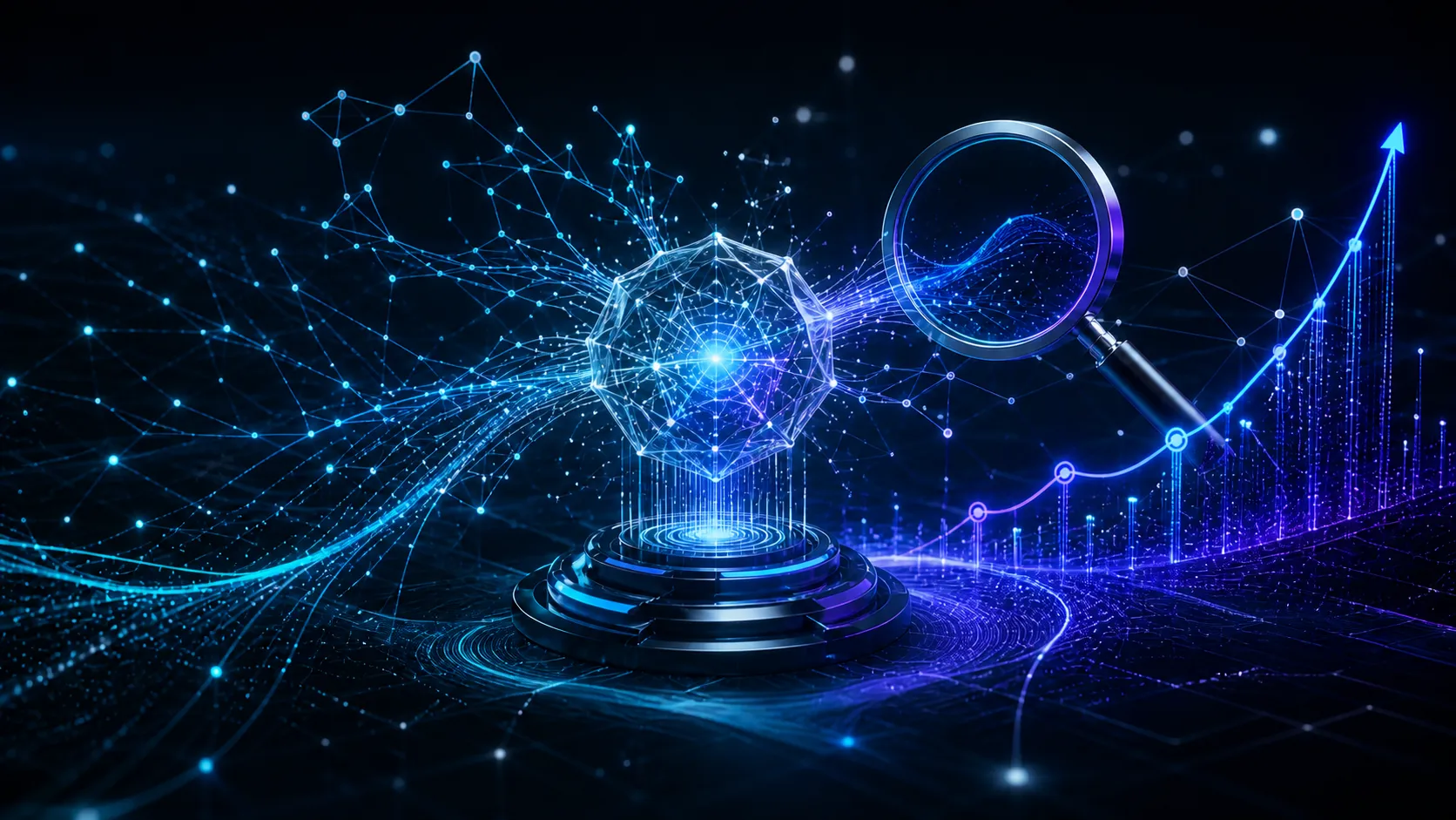 Künstliche Intelligenz, Suchanalyse und steigende organische Sichtbarkeit als Symbol für AI SEO