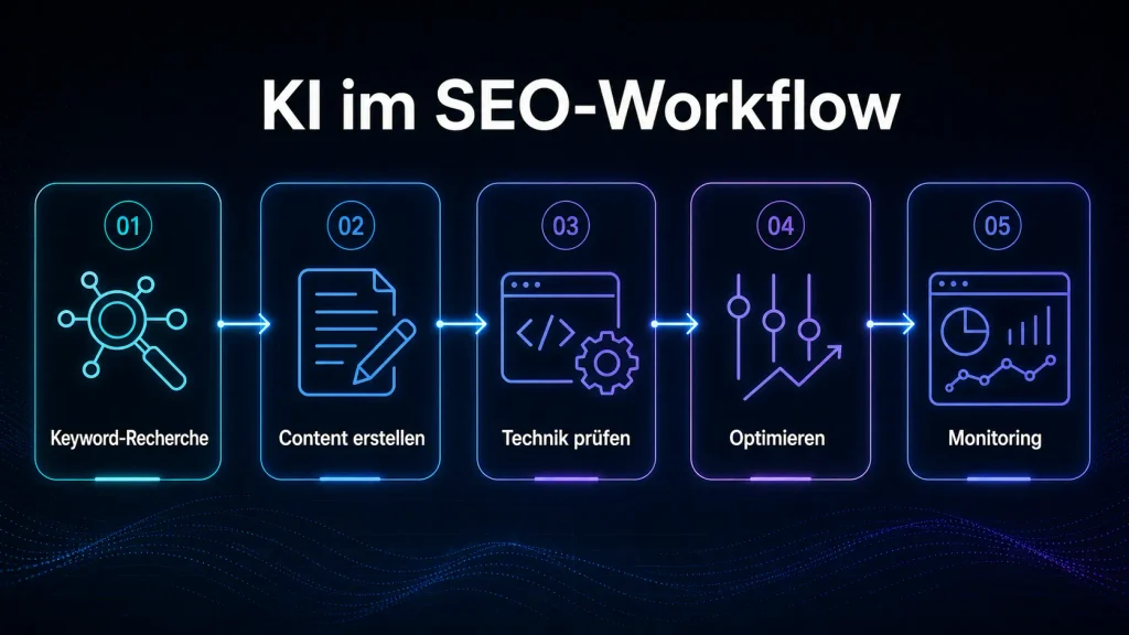 KI-gestützter SEO-Workflow mit fünf Schritten von der Keyword-Recherche bis zum Monitoring