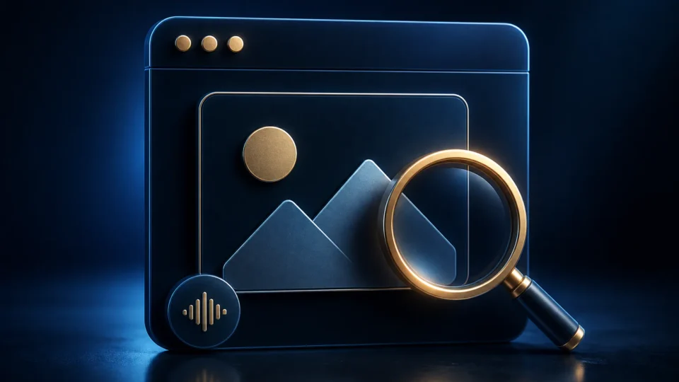 Dunkle 3D-Illustration eines Bildsymbols mit Lupe und Audiowelle für SEO und Barrierefreiheit