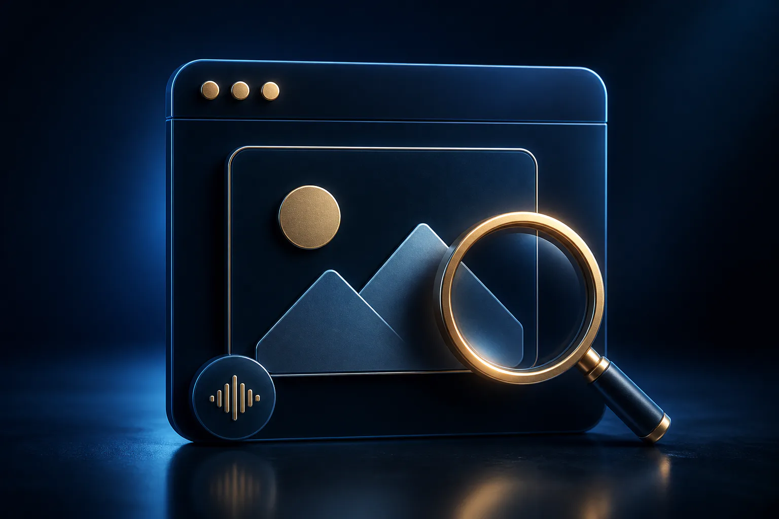 Dunkle 3D-Illustration eines Bildsymbols mit Lupe und Audiowelle für SEO und Barrierefreiheit