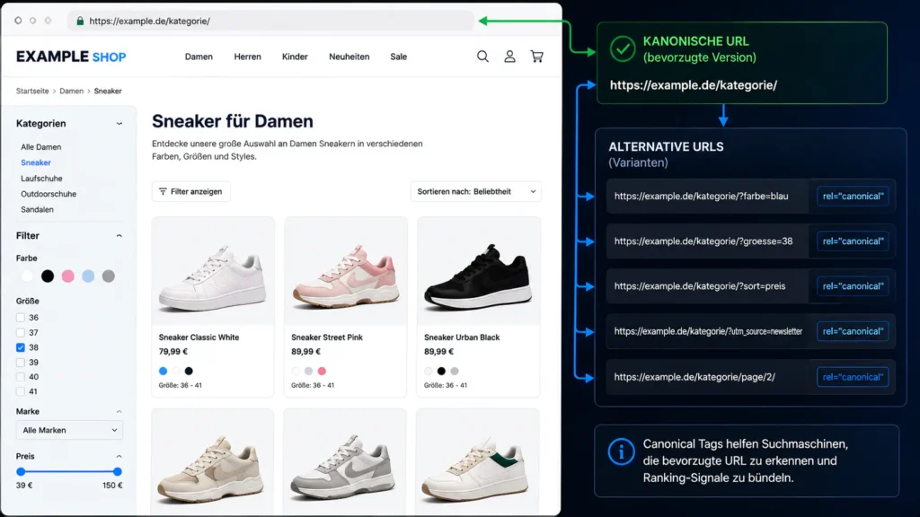 Online-Shop mit Filter-URLs und Canonical-Zuordnung zur bevorzugten Kategorie-URL
