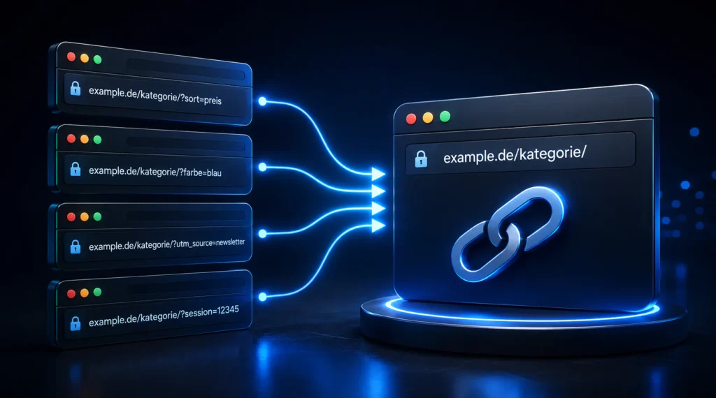 Mehrere URL-Varianten werden per Canonical auf eine bevorzugte Kategorie-URL zusammengeführt
