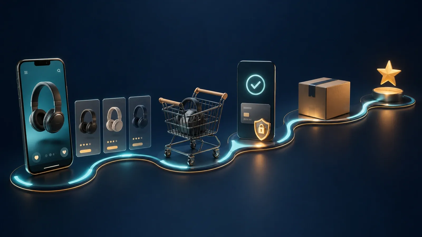 Visualisierte E-Commerce-Kundenreise vom Produktvergleich über Warenkorb und Checkout bis zu Lieferung und Empfehlung