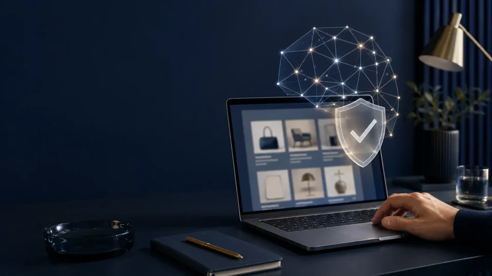 KI-Kennzeichnungspflicht für Onlineshops mit KI-gestützter Produktübersicht und Transparenz-Symbol