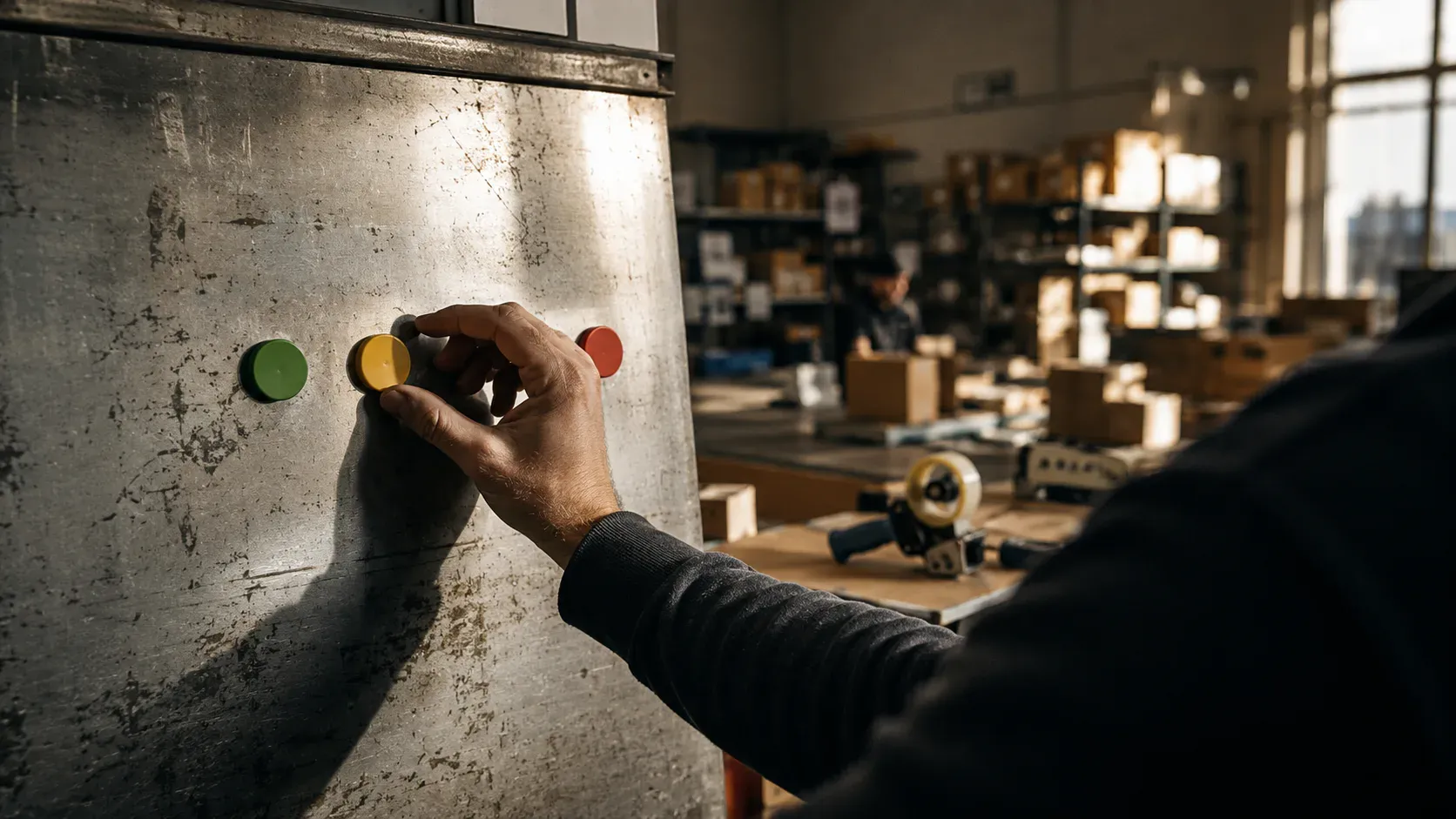 Hand markiert an einer analogen Steuertafel einen Entscheidungsstatus, während im Hintergrund ein Lager- und Versandbereich zu sehen ist
