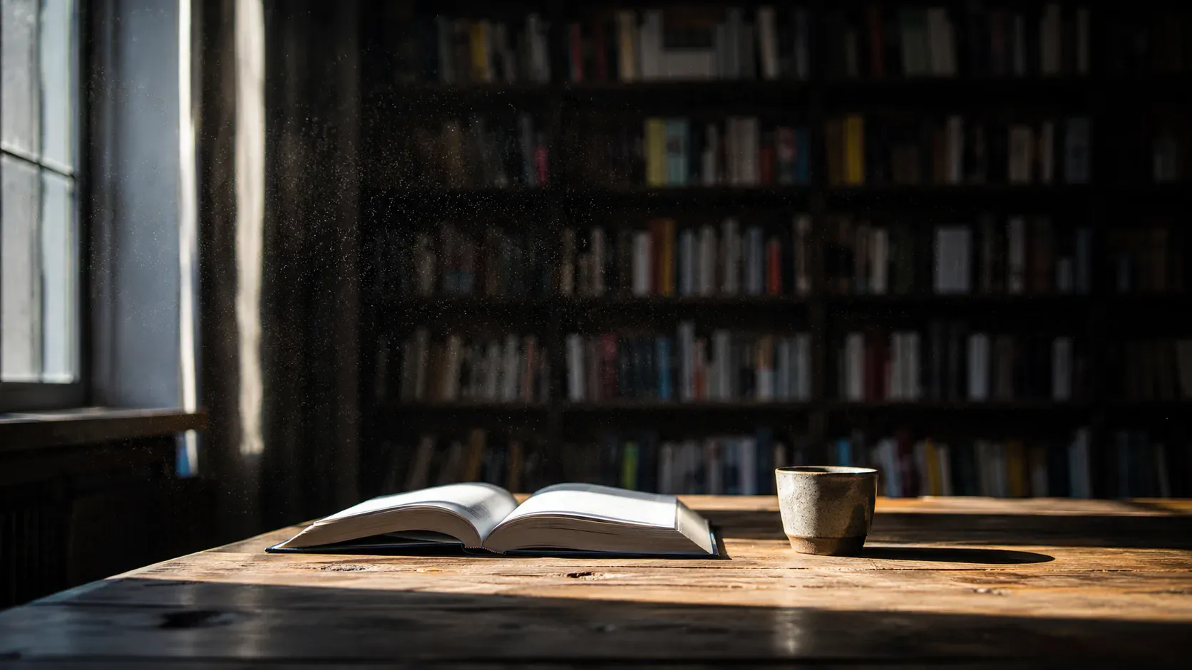 Offenes Buch auf einem Holztisch in einer ruhigen Bibliothek als Einstieg in die SEO Basics für Anfänger