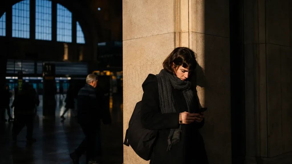 Frau mit dunklem Mantel und Rucksack schaut in einer Bahnhofshalle auf ihr Smartphone, während Menschen im Hintergrund vorbeigehen.