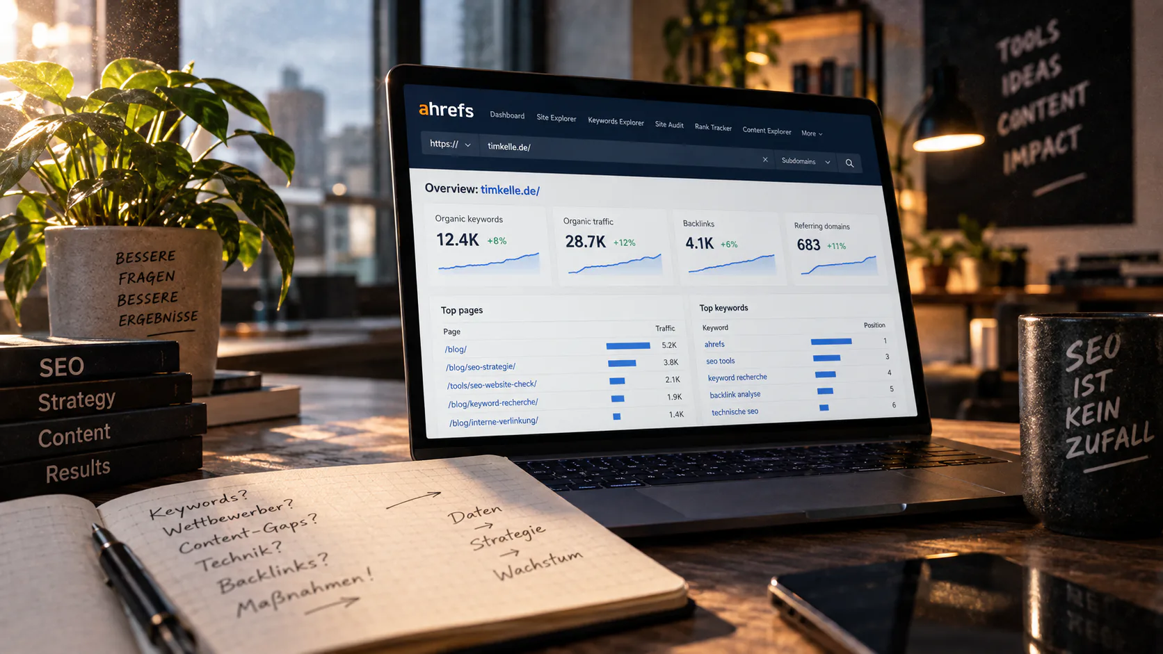 Laptop mit Ahrefs-Dashboard auf einem Schreibtisch, umgeben von Notizen zu Keywords, Wettbewerbern, Content Gaps und SEO-Maßnahmen.